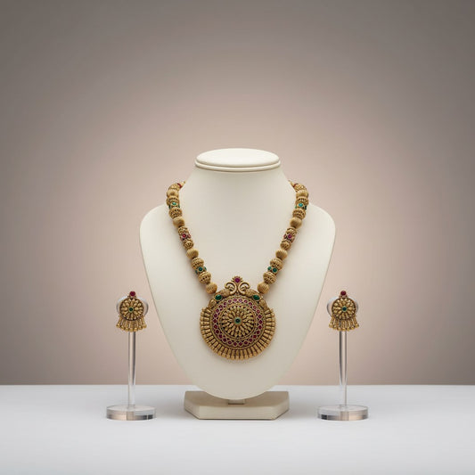 Antique Temple Medallion Necklace Set with Multi-Stone Jhumkas