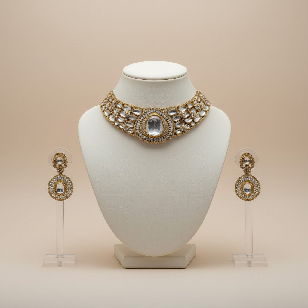 Royal Mirror Glow Bridal Choker Set with White Stones & Mirror Centrepiece