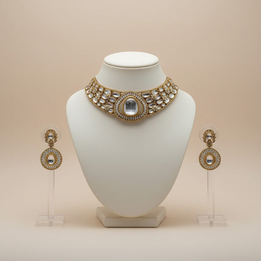 Royal Mirror Glow Bridal Choker Set with White Stones & Mirror Centrepiece
