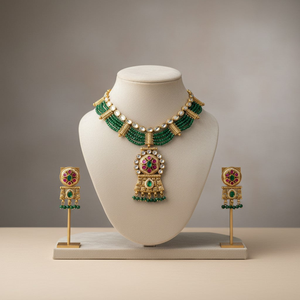 Emerald Grace Polki Choker Set with Green Bead Strings & Earrings