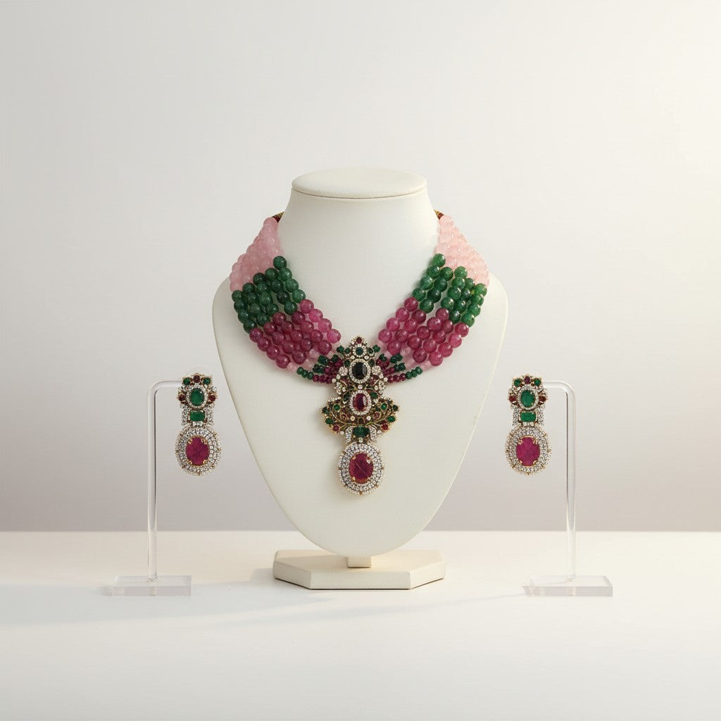 Maharani Gemstone Multistrand Necklace Set with Royal Pendant