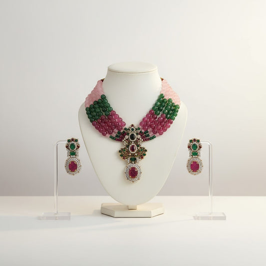 Maharani Gemstone Multistrand Necklace Set with Royal Pendant