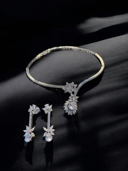 Floral Teardrop Diamond-CZ Necklace Set
