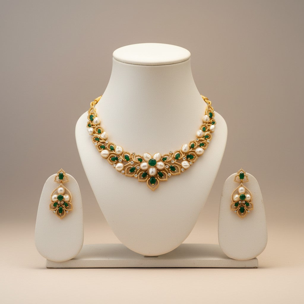 Regal Floral Pearl & Emerald Necklace Set with Statement Earrings