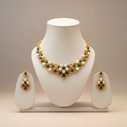 Regal Floral Pearl & Emerald Necklace Set with Statement Earrings