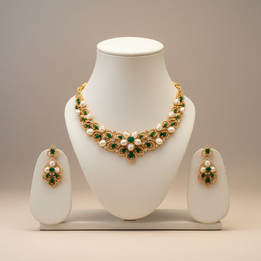 Regal Floral Pearl & Emerald Necklace Set with Statement Earrings