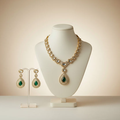 Emerald Green Teardrop Stone Necklace Set with Mirror-Cut Accents