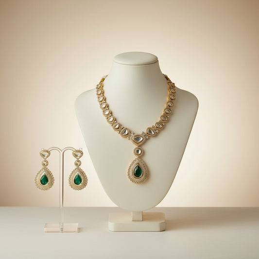 Emerald Green Teardrop Stone Necklace Set with Mirror-Cut Accents