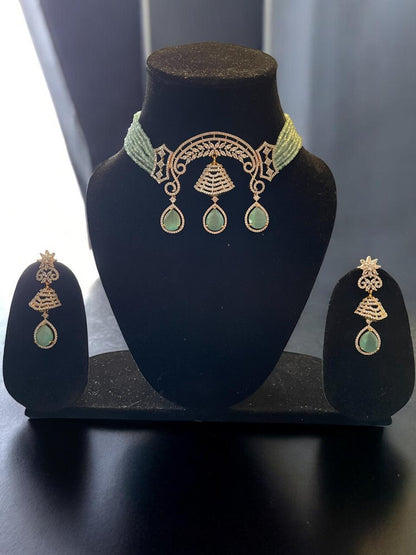 Mint Green Beaded Bell Drop Choker Necklace Set