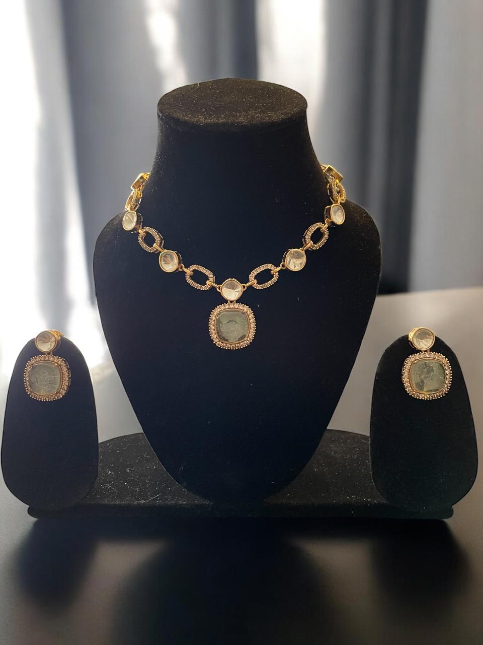 Dual-Tone Coin Motif Necklace Set with Clear Stone Links