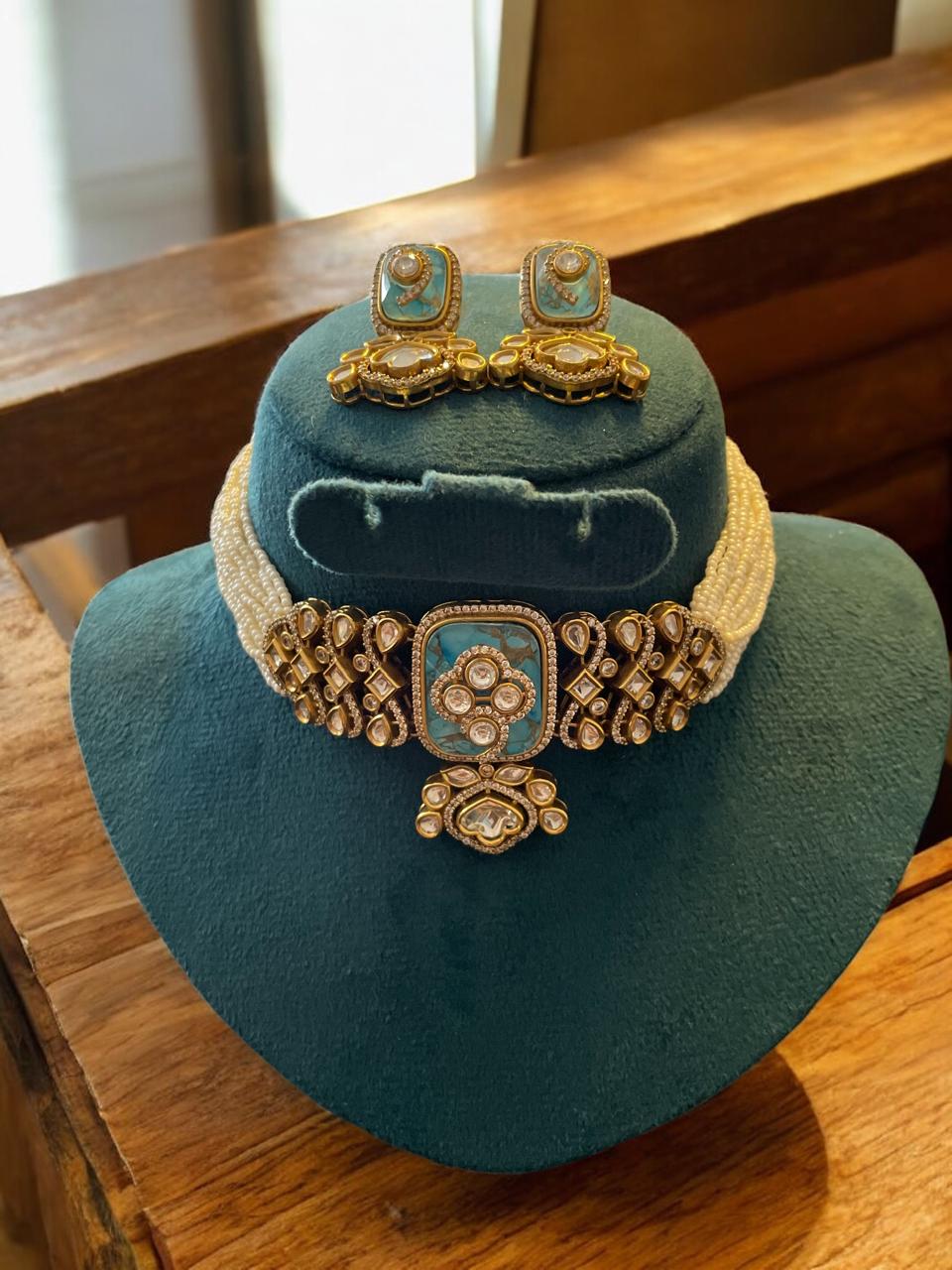 Turquoise & Pearl Multi-Strand Beaded Choker Set