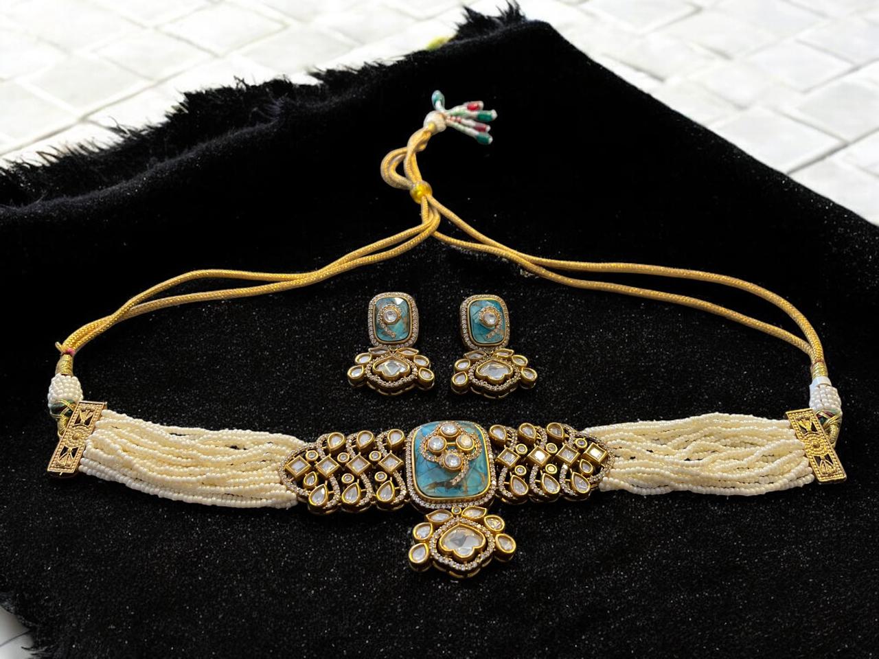 Turquoise & Pearl Multi-Strand Beaded Choker Set
