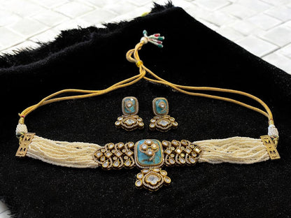Turquoise & Pearl Multi-Strand Beaded Choker Set