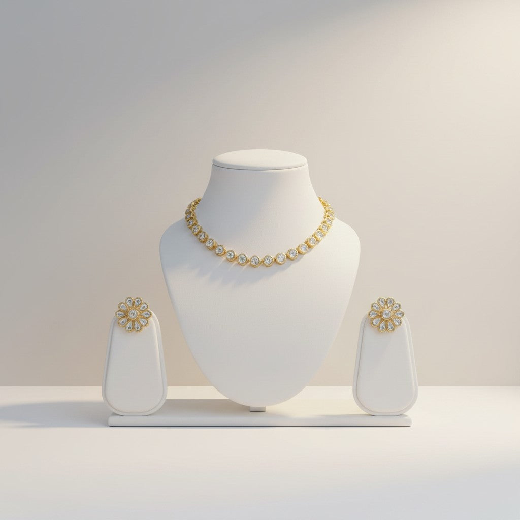 Round Stone Statement Necklace Set with Oversized Floral Studs