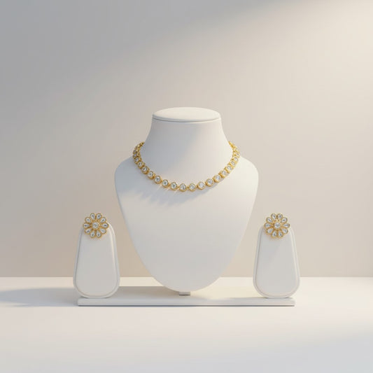 Round Stone Statement Necklace Set with Oversized Floral Studs