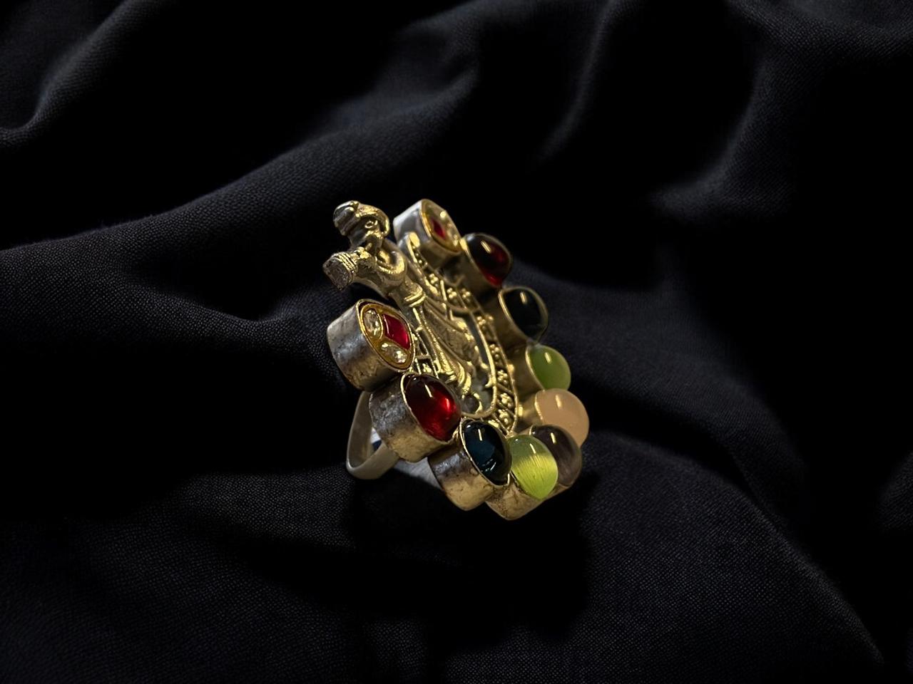 Dancing Melody Multicolour Stone Ring with Tribal Motif
