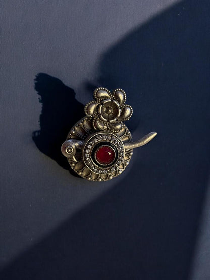 Floral and Bird Motif Oxidised Ring with Red Stone Accent