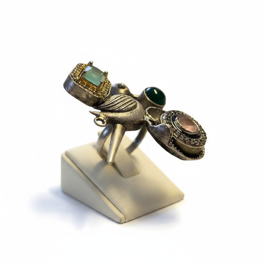 Bird Motif Oxidised Statement Ring with Multicolour Stones