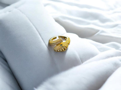 Golden Twin Serpent Ring with Stone Eyes