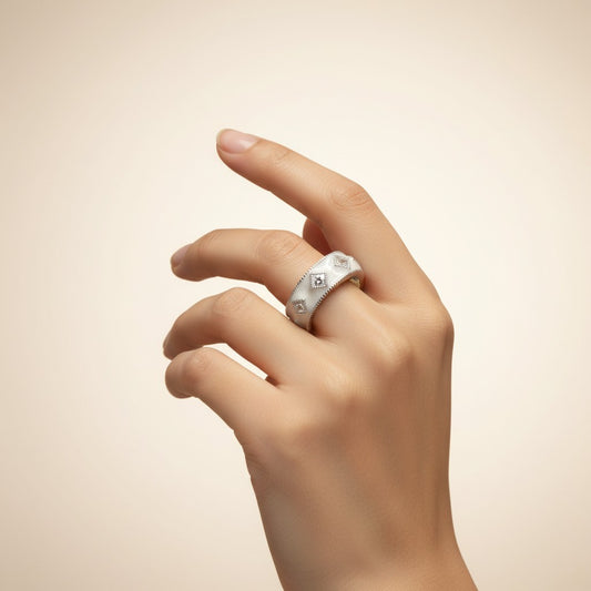 Chunky Open Silver Band Ring with Diamond-Shaped Textured Motifs