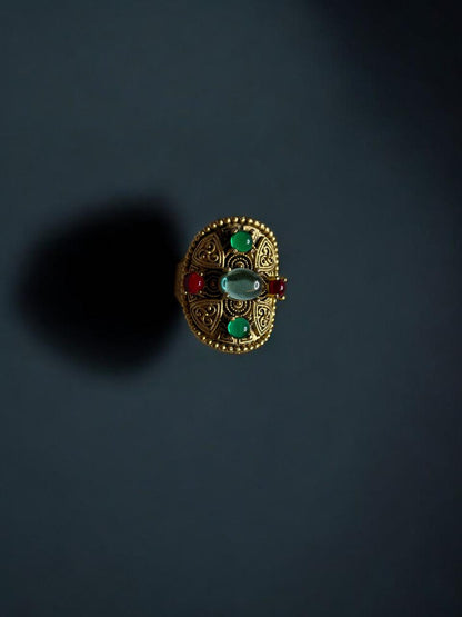 Tribal Dome Ring with Red & Green Stones