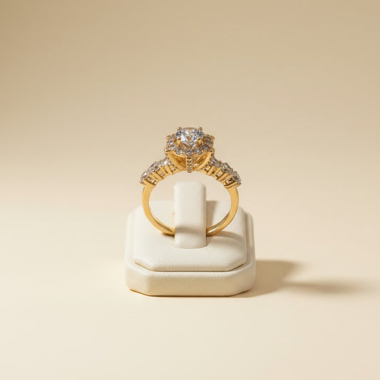 Gold-Tone Solitaire Ring with Baguette Side Stone Detailing
