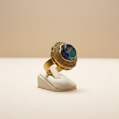 Gold-Tone Artistic Stone Ring with Double CZ Halo