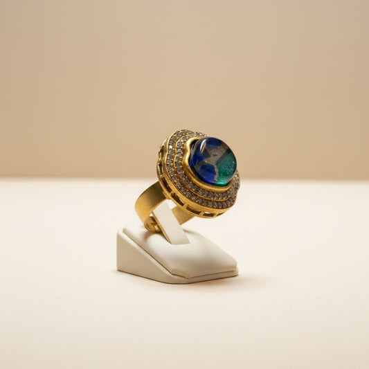 Gold-Tone Artistic Stone Ring with Double CZ Halo
