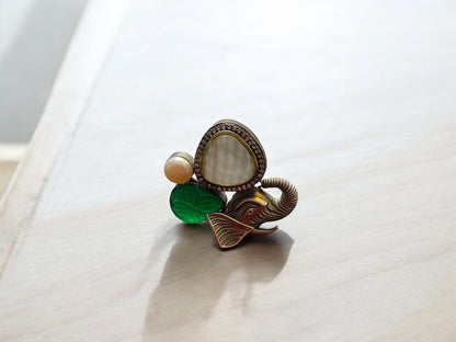 Elephant Motif Oxidised Ring with Pearl & Green Stone