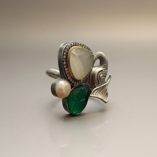 Elephant Motif Oxidised Ring with Pearl & Green Stone