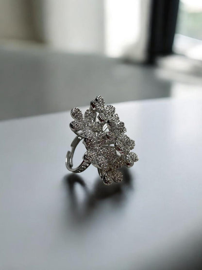 Silver-Tone Floral Cluster Ring with CZ Detailing