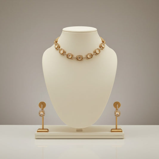 Cushion Kundan-Style Choker Set with Pavé Crystal Halo & Drop Earrings