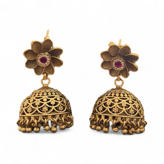 Antique Floral Jhumka Earrings with Ruby Accent
