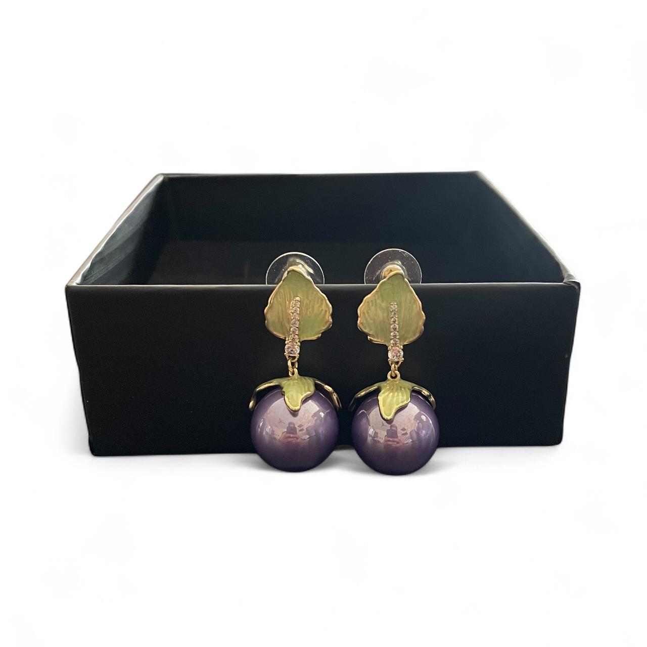 Purple Gloss Drop Earrings with Leaf Detailing
