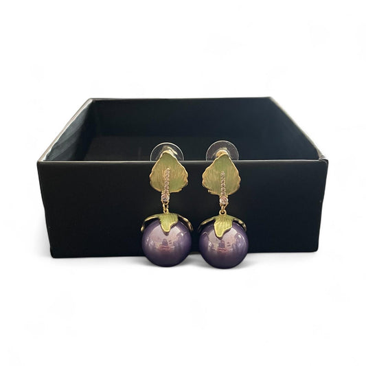 Purple Gloss Drop Earrings with Leaf Detailing