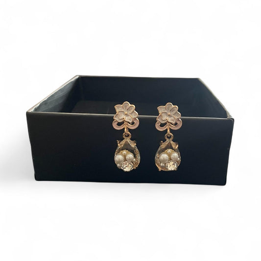 Floral Pearl Drop Earrings with Crystal Accent