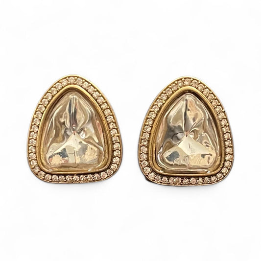 Golden Triangle Stud Earrings with Stone Border
