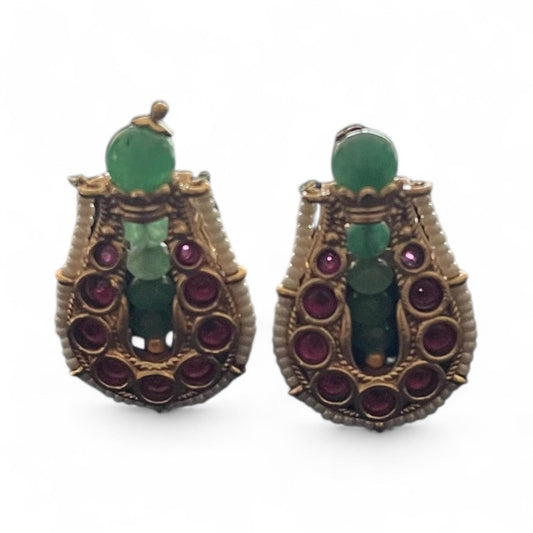 Antique Green & Maroon Temple-Style Earrings