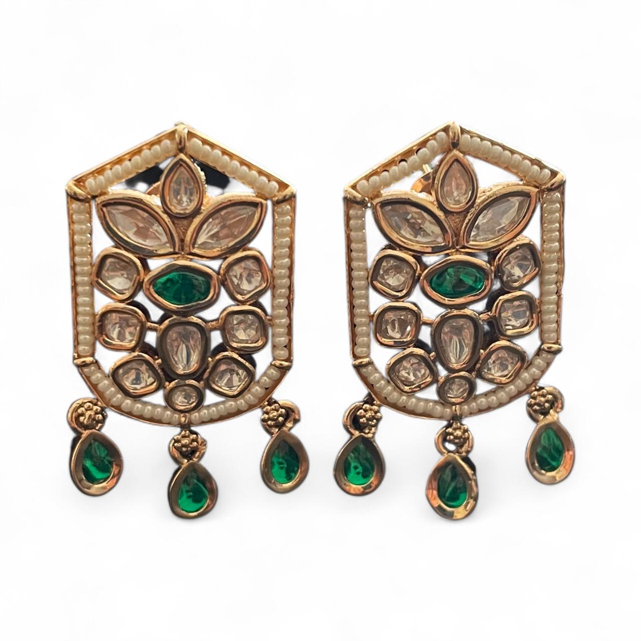 Emerald Green Kundan Dangler Earrings