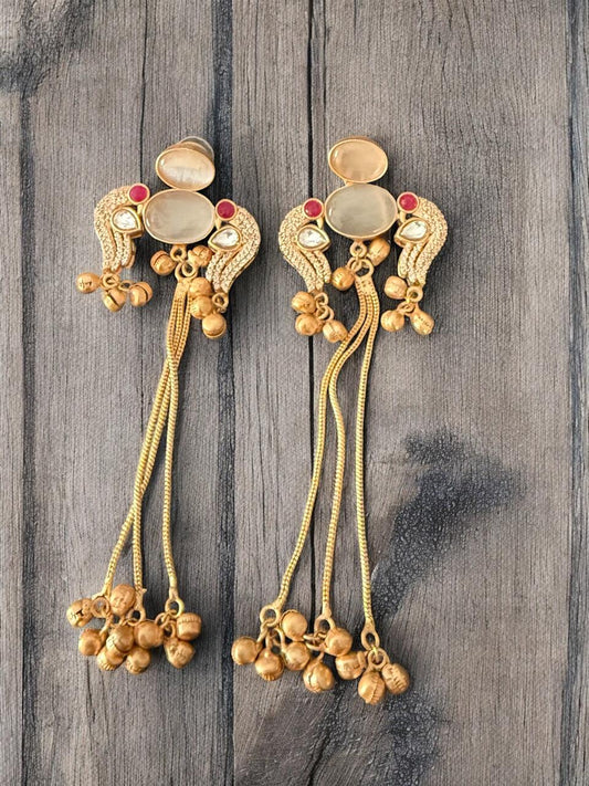 Traditional Imitation Long Dangler Earrings with Red & White Stones
