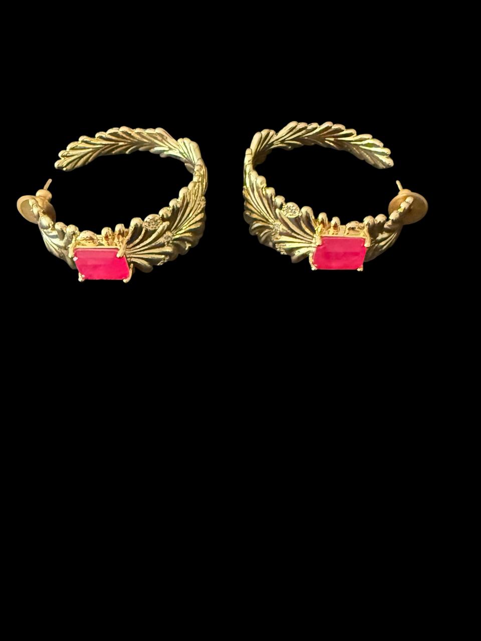 Leaf Motif Hoop Earrings with Pink Stone Accent