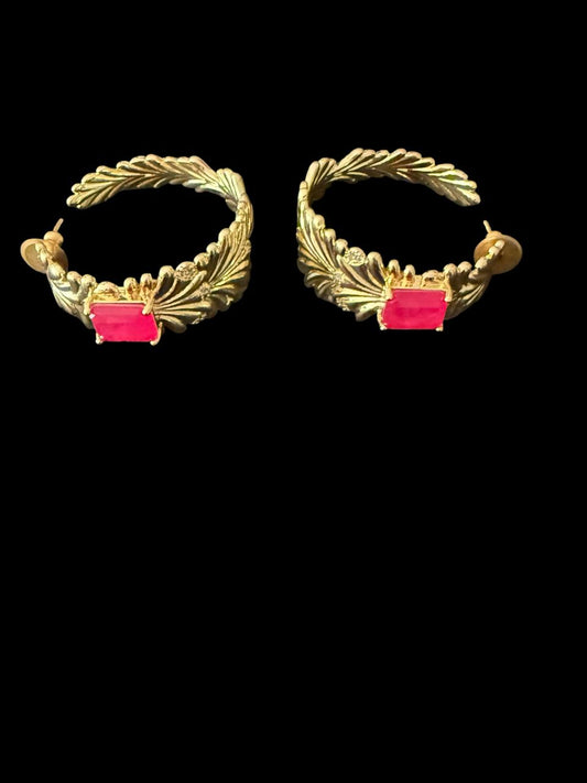 Leaf Motif Hoop Earrings with Pink Stone Accent