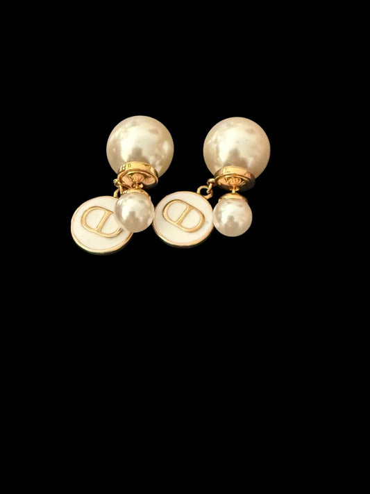 Pearl Drop Earrings with Logo Charm