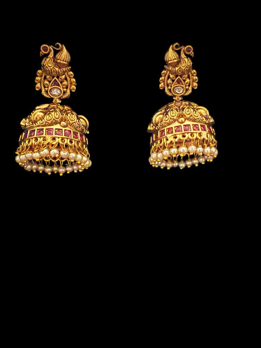Traditional Temple Jhumka Earrings with Ruby & Pearl Detailing