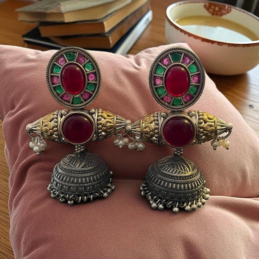 Oxidised Temple Jhumka Earrings with Red & Green Stones