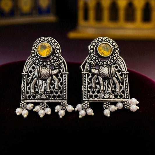 Oxidised Elephant Motif Earrings with Yellow Stone & Pearls