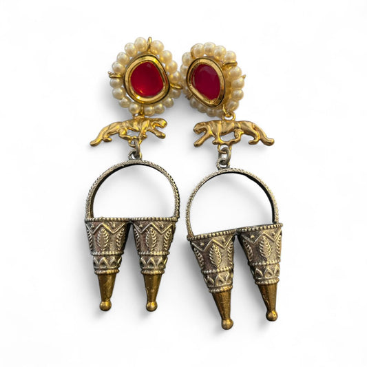 Heritage Panther Motif Earrings with Red Stone & Dual-Tone Design