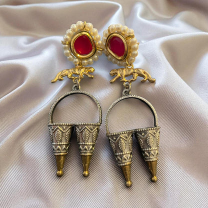 Heritage Panther Motif Earrings with Red Stone & Dual-Tone Design
