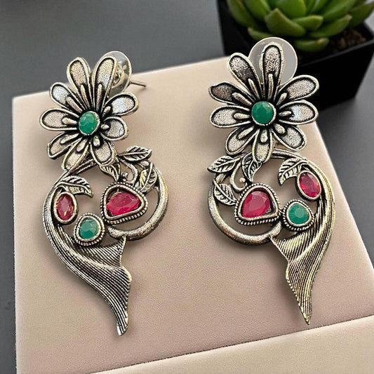 Floral Oxidised Earrings with Red & Green Stones