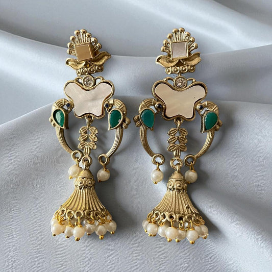 Floral & Bird Motif Jhumka Earrings with Pearls